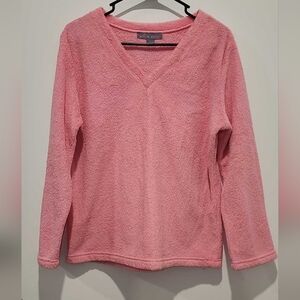 Plush V-Neck Fleece Pullover Sweater in Soft Rose